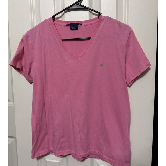 Ralph Lauren Tops - Ralph Lauren Pink Top T Shirt Short Sleeve Green Pony Cotton Y2K V-Neck Size L